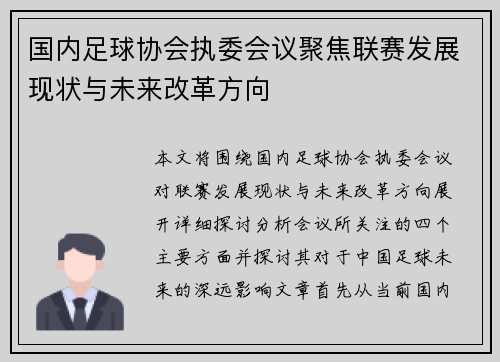 国内足球协会执委会议聚焦联赛发展现状与未来改革方向